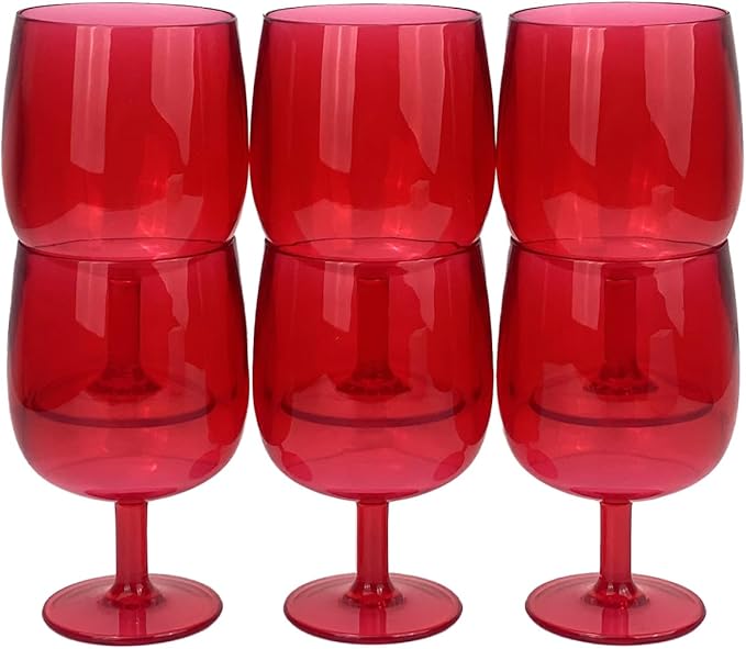 Yalin Set of 6 Unbreakable 12 oz Acrylic Plastic Wine and Water Tumbler Stackable Goblets. (Red, 12 oz)