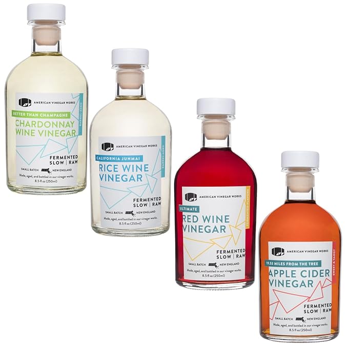 American Vinegar Works - Essentials Kitchen Vinegars - Includes Apple Cider, Red Wine, Rice Wine, and Chardonnay Wine Vinegars - Packed in a Custom Box - Great for Gifts - 8.5 oz Bottles - 4 Pack