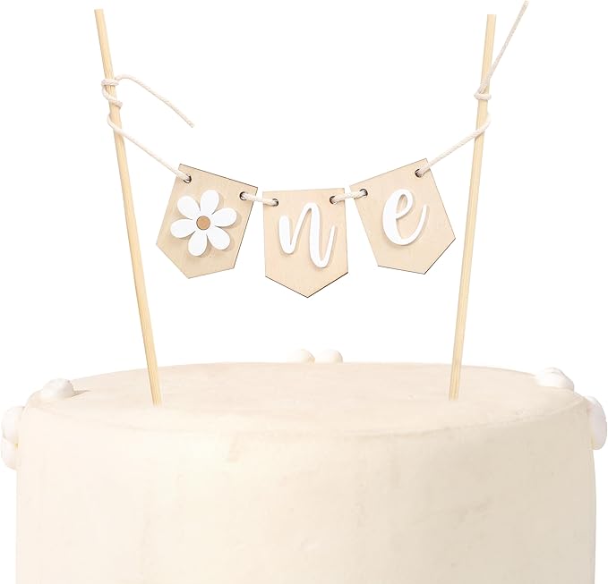 Wooden Daisy One 1st Birthday Cake Topper - Retro Groovy Boho Daisy, Best Flower Cake Topper