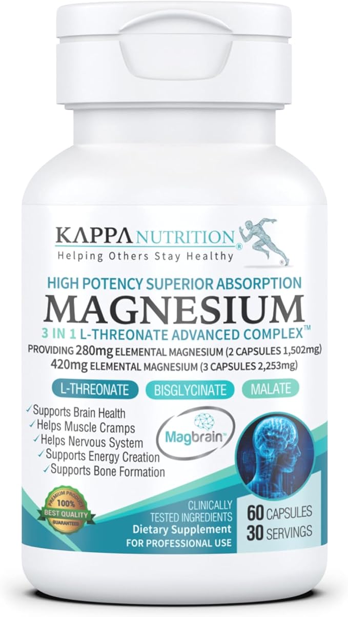 Kappa Nutrition Magbrain??Magnesium L-Threonate Plant-Based, 420mg Elemental Magnesium (3 Capsules) from 2,253mg, 60 Vegan Capsules, Brain, Sleep & Muscle Support.