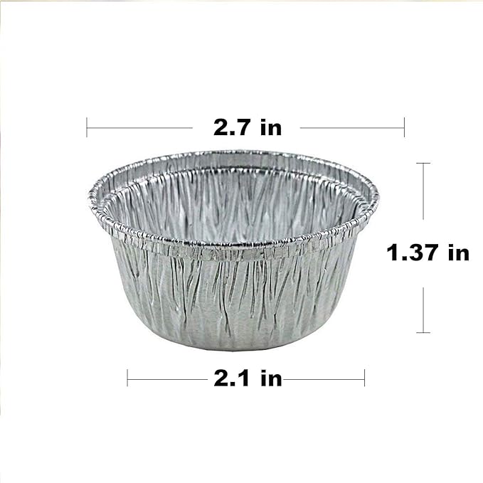 2 Oz Disposable Baking Cups Tins Foil Pans Cups 70 mL Aluminum Foil Cupcake Bowl Pans for Baking, Roasting, 100Pcs.