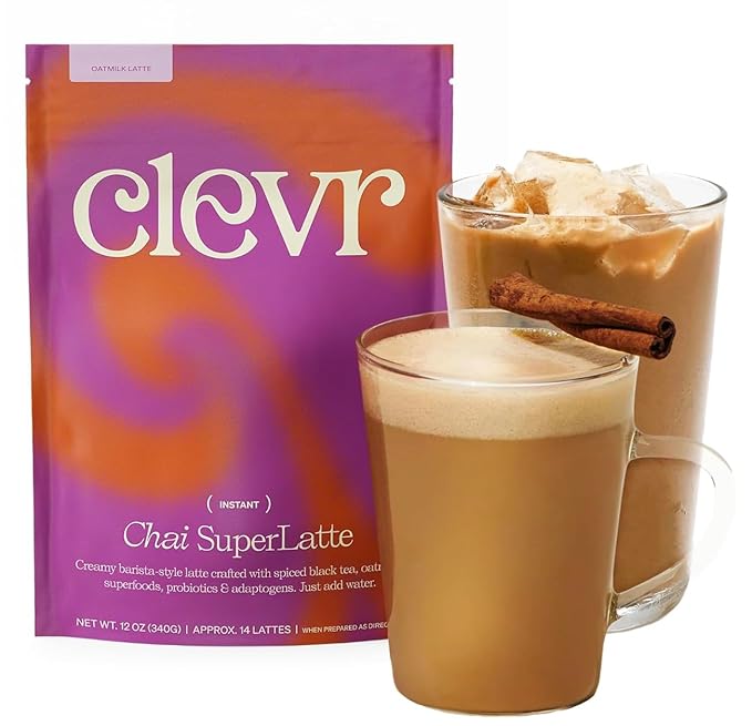 Clevr Blends Chai Tea Latte, Instant Superfood Powder Blend with Oat Milk, Lion???Mane, Reishi Mushroom, Black Tea, Organic Spices, Coconut Cream, Ashwagandha, Oprah???Favorite Things 2022 (14 Lattes)