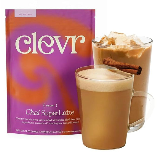 Clevr Blends Chai Tea Latte, Instant Superfood Powder Blend with Oat Milk, Lion???Mane, Reishi Mushroom, Black Tea, Organic Spices, Coconut Cream, Ashwagandha, Oprah???Favorite Things 2022 (14 Lattes)