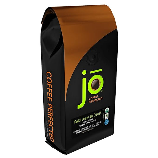 COLD BREW JO DECAF: 12 oz. Whole Bean USDA Organic Decaf Coffee, Dark French Roast, Swiss Water Process, Soft Velvety Texture, Low Acidity, Fair Trade Certified, Gluten Free, Non-GMO, Chemical Free