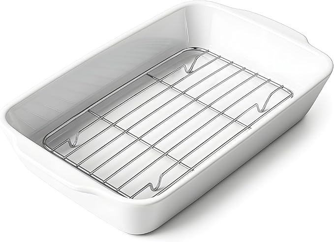Casserole Dish with Roasting Racks, 3 QT Baking Dish with Handles, White Bakeware, Ceramic Baking Pan, Microwave Oven Safe, Dinner, Wedding ç«?3.6"*8.7"ç«?,<div>