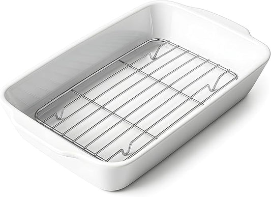 Casserole Dish with Roasting Racks, 3 QT Baking Dish with Handles, White Bakeware, Ceramic Baking Pan, Microwave Oven Safe, Dinner, Wedding ç«?3.6"*8.7"ç«?,<div>