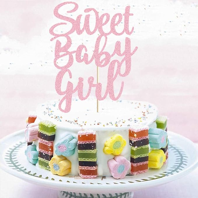 Sweet Baby Girl Cake Topper Rose Gold Glitter Girl Newborn Gender Reveal Cake Decor Cheers to Baby Show/Baby One Month/Hundred Days/Girl 1st Birthday Party Cake Supplies Decorations