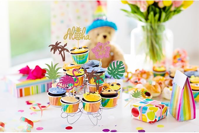 24Pcs Tropical Cupcake Toppers, Luau Cake Topper Aloha Cupcake Picks Pineapple Flamingo Cupcake Decorations for Hawaiian Luau Theme Baby Shower Birthday Party Supplies (Aloha A)