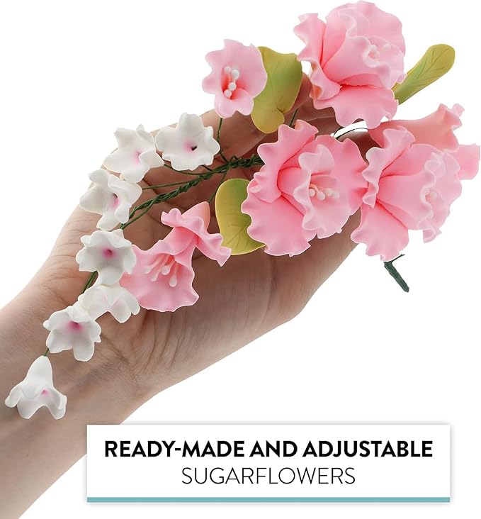Sugar Blossom Cake Spray – Gumpaste Flowers for Cake Decorating – Pink Cherry Blossoms with Green Leaves – 1 Count by Chef Alan Tetreault