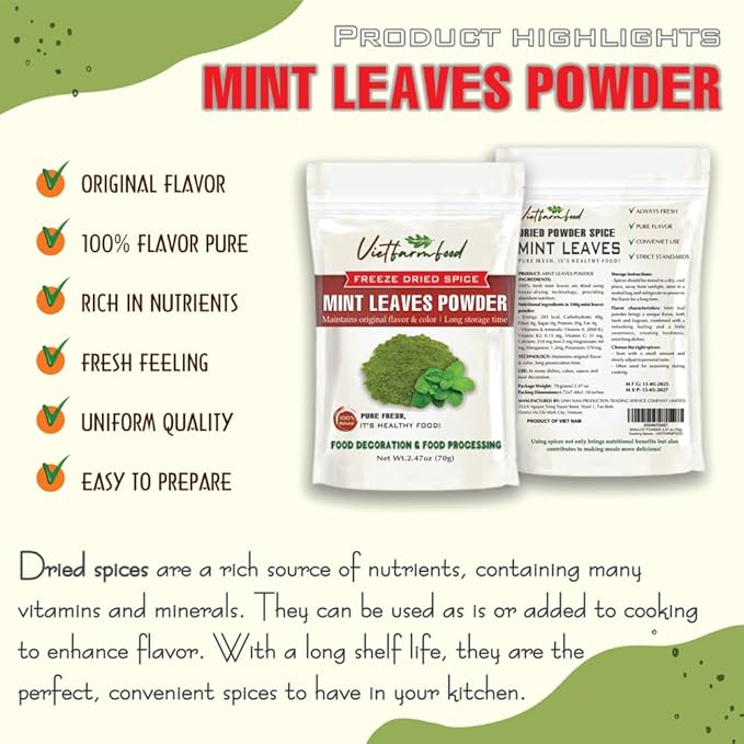 MINT LEAVES POWDER 2.47 Oz (70g) VIETFARMFOOD: Pure, natural freeze-dried spice made from real