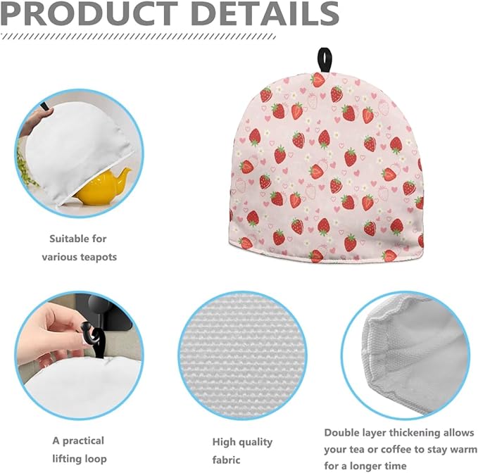 Tea Pot Cover Red Strawberry Print Teapots Cosy Insulated Tea Cozies Home Kitchen Decoration Teapot Dust Cover Warming Tea Kettle Quilt Creative Gifts for Party