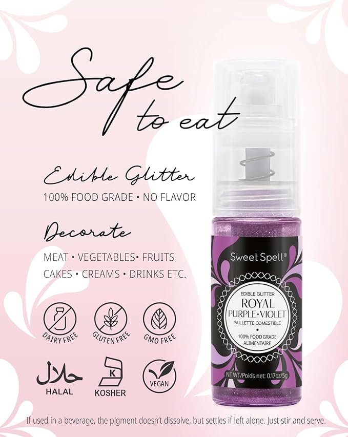 Sweet Spell Edible Cake Glitter Spray ??Shimmering Magic for Cakes Decorating & Cocktails ??100% Edible, Food-Grade, Vegan, Gluten-Free (Purple)