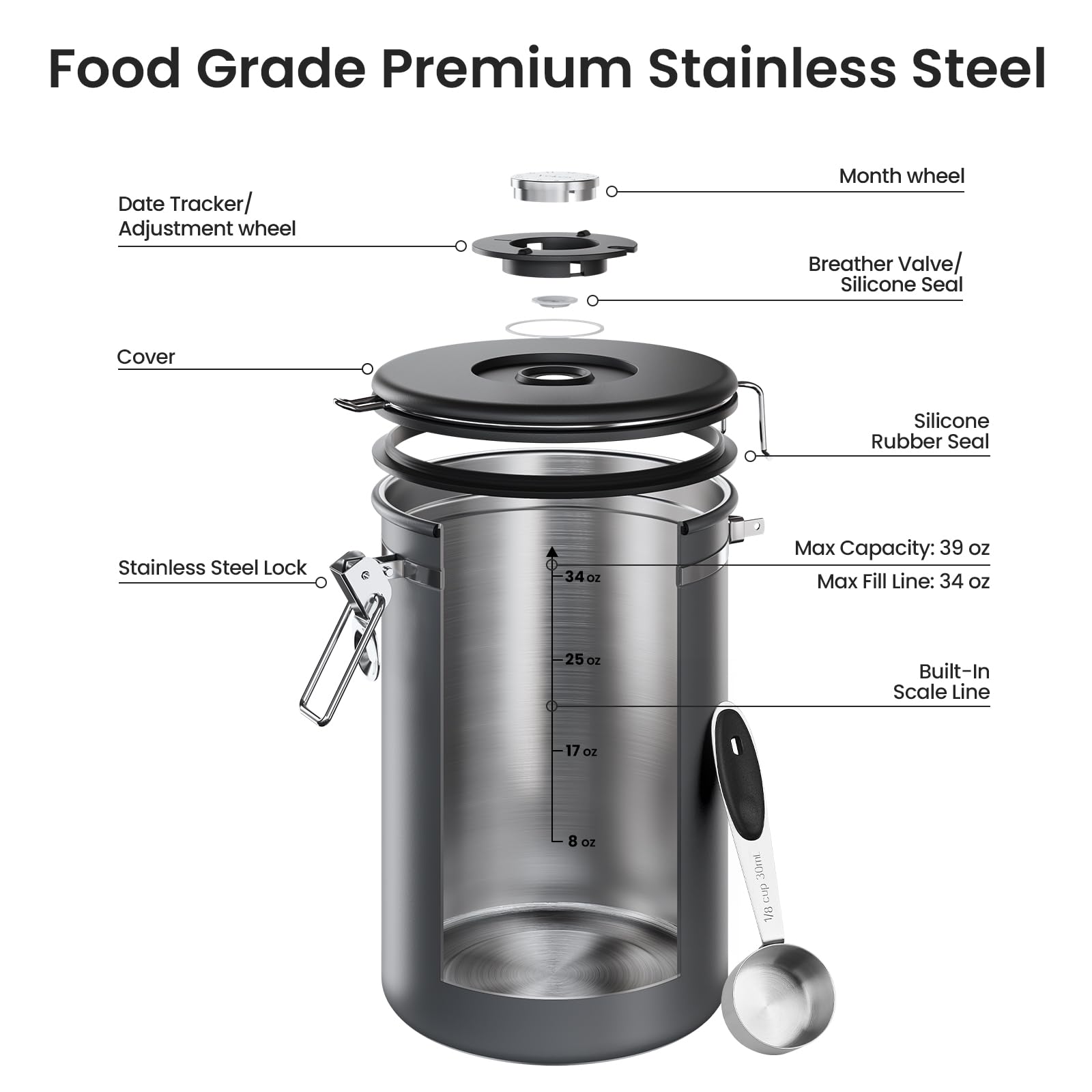 Veken Coffee Canister,39OZ, 2.2lbs,Large Airtight Stainless Steel Container
