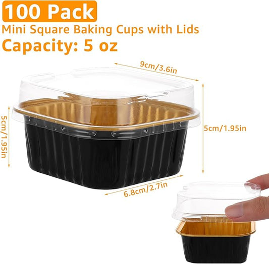 100 Pack Aluminum Foil Baking Cups with Lids, 5oz Mini Square Cupcake Cups, Disposable Muffin Tins Cupcake Liners for Brownie Cheesecake Wedding Party ??Black Gold