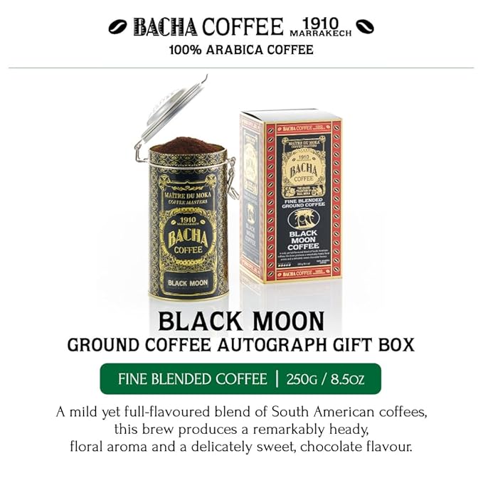 Bacha Coffee | Black Moon Fine Blended Coffee, Autograph Collection, 100% Arabica Specialty Coffee, Ground Beans, Medium Roast, 250g