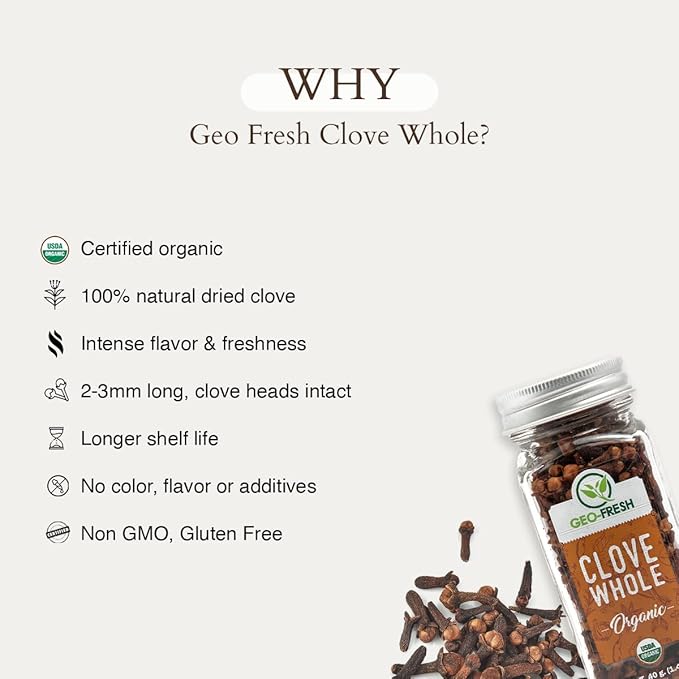 Geo-Fresh Cloves Whole Organic - 1.41 oz (40g) - Organic Cloves Whole - USDA Certified, Non-GMO, Kosher, Gluten Free - Clove Spice for Cooking & Baking - Product of India