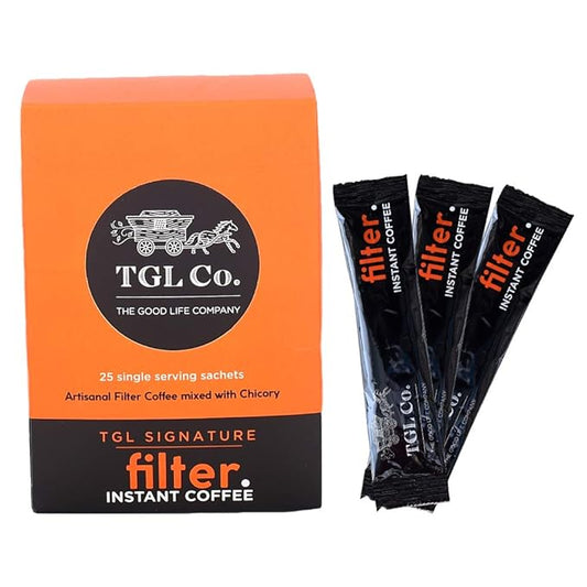 TGL Co. Signature Instant Filter Coffee Sticks (25 Sachets | Pack of 1) |Travel Friendly | Medium Roast-Chicory Blend Strong Coffee | No Artificial Flavour - 50 gm / 1.76oz