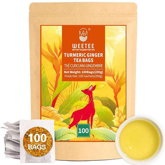 WT WEETEE Turmeric Ginger Tea Bags, 100% Pure Turmeric and Ginger Root Herbal Blend Savory & Spicy, Natural Caffeine-free Spice Tea
