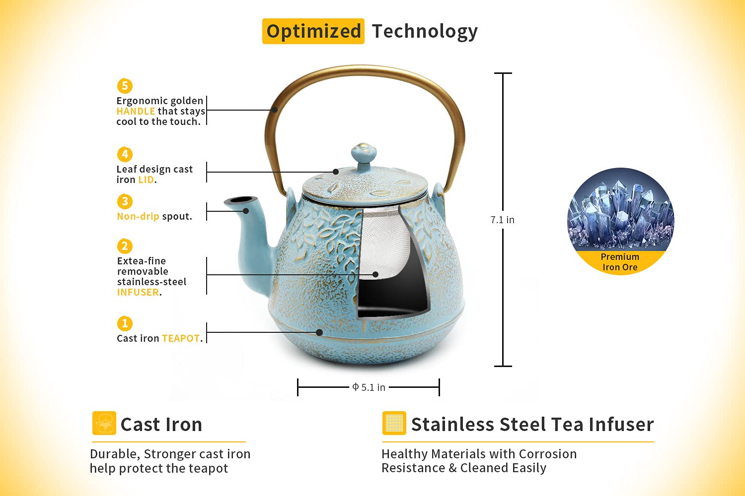 TOPTIER Japanese Cast Iron Tea Kettle with Stainless Steel Infuser, Cast Iron Teapot Stovetop Safe