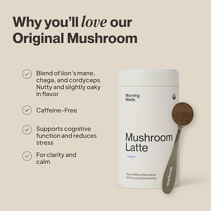 Morning Made Original Mushroom Latte Powder Mix | Organic Lion’s Mane, Chaga & Cordyceps Adaptogenic Blend, Caffeine-Free Coffee Alternative | Sweetened, Vegan, Gluten-Free, Low Sugar | 10.6oz (60 Serves)