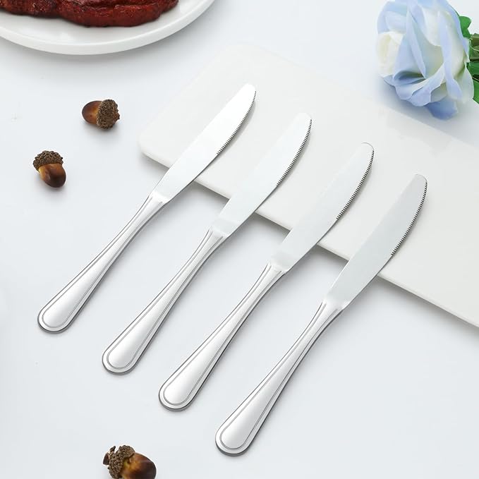 Dinner Knives Set of 24, 9??Knives Set, Butter Knives with Pretty Line Handle, Sharp Knives Set, Food Grade Stainless Steel Table Knife, Knives Silverware, Dishwasher Safe & Mirror Polished