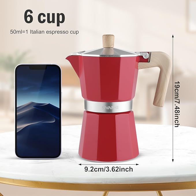 Sivaphe Aluminum Moka Pot 6 Espresso Cups, Percolator Espresso and Coffee Maker, Portable Stovetop Italian and Cuban Café Brewer for Home and Camping Red