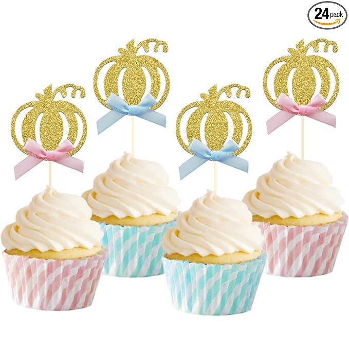 24pcs Pumpkin Gender Reveal Cupcake Toppers - Baby Shower Girl or Boy Party Decorations Supplies, Pumpkin Food Pick (Blue and Pink Bow)