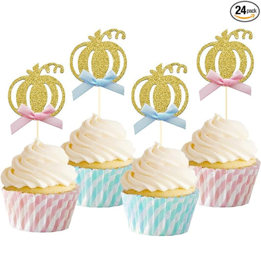 24pcs Pumpkin Gender Reveal Cupcake Toppers - Baby Shower Girl or Boy Party Decorations Supplies, Pumpkin Food Pick (Blue and Pink Bow)