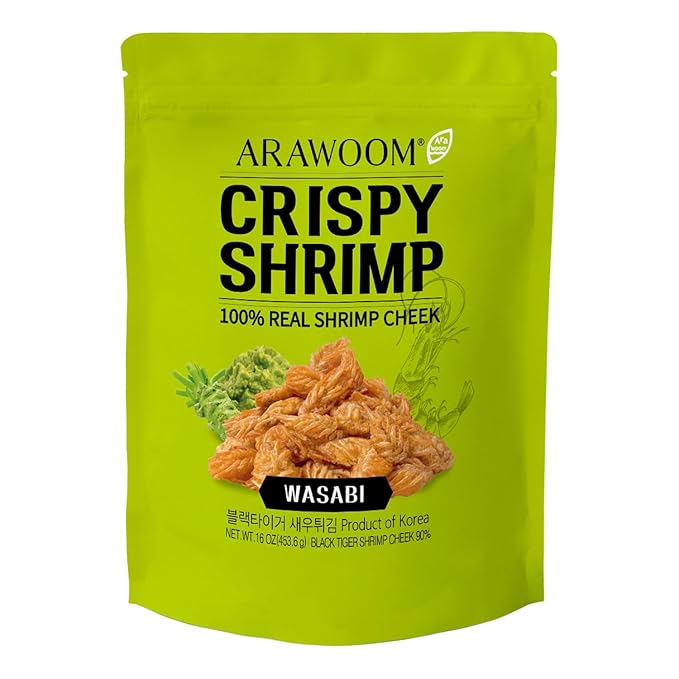ARAWOOM - 100% Real Black Tiger Shrimp Head Crisps, Wasabi Pack [16oz, Pack of 1], Crispy Seafood Snack, High-Protein Crunch, Crunchy On-the-Go Treat