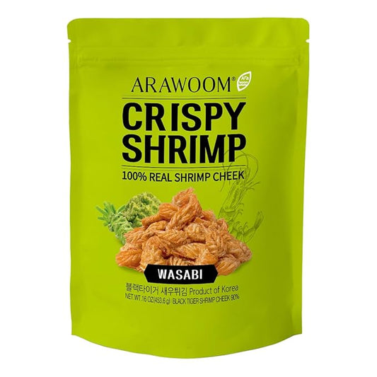 ARAWOOM - 100% Real Black Tiger Shrimp Head Crisps, Wasabi Pack [16oz, Pack of 1], Crispy Seafood Snack, High-Protein Crunch, Crunchy On-the-Go Treat