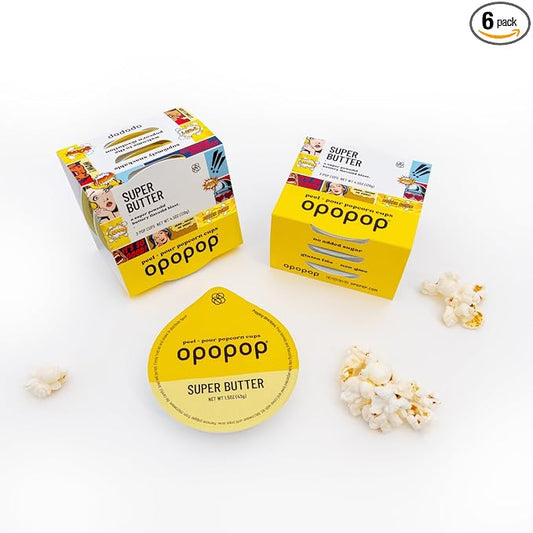 Opopop Microwave Popcorn - Pop Cups Super Butter 6-Pack, Non-GMO Gourmet Popcorn Kernels & Flavoring, Butter Popcorn, Gluten Free Snacks, Easy to Make and No Mess