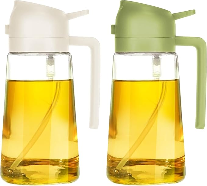 Oil Sprayer for Cooking 2 in 1, 470ml/16oz, Oil Spray & Dispenser Glass Bottle, Food-grade material for Kitchen, Salad Dressing, Frying, Air Fryer & BBQ (Green&CreamyWht)