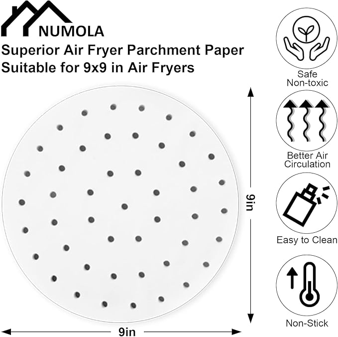 Air Fryer Liners Disposable Parchment Paper, Numola 100 Pcs Airfryer Sheets, 9 Inch White Non-stick Steamer Liner for Oven, Microwave, Bamboos Steaming Basket
