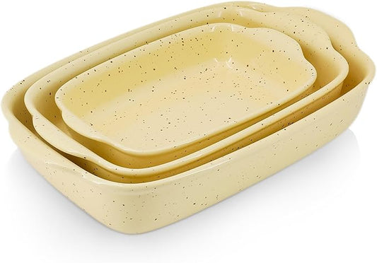 Casserole Dish Set of 3,Ceramic Bakeware for Oven,Rectangular Baking Dishes with Handles,High Heat Resistant,Colorful Speckle Stoneware Series (13.8''/12''/9.6''Yellow)