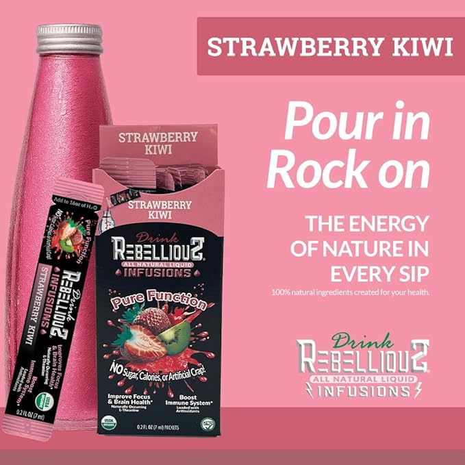 Rebellious Strawberry Kiwi Organic Drink Mix ??Organic 0 Calorie Energy Drink Mix | Monk Fruit & Green Tea Extract | L-Theanine + Natural Caffeine | 100% Plant-Based | 10 Packs | Keto, Gluten-Free