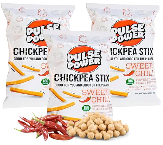 Pulse Power Chickpea Stix - Crunchy Snacks, High Protein, Gluten Free, Non-GMO, Vegan (3 pack, 3 oz) (Sweet Chili)
