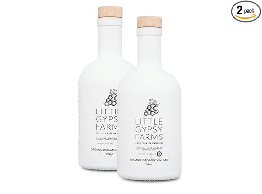 Organic Balsamic Vinegar from Little Gypsy Farms | First Cold-Pressed and Oak Barrel Aged | Notes of Fig with Strawberry Finish | Single Family Farms in Greece (350ml) (2 Pack)