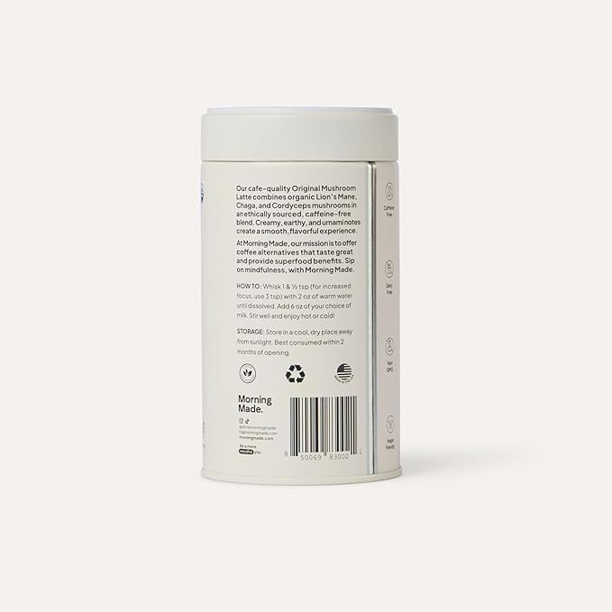 Morning Made Original Mushroom Latte Powder Mix | Organic Lion’s Mane, Chaga & Cordyceps Adaptogenic Blend, Caffeine-Free Coffee Alternative | Sweetened, Vegan, Gluten-Free, Low Sugar | 10.6oz (60 Serves)
