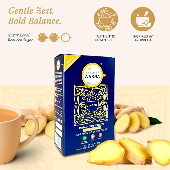 Aarna Instant Ginger Chai, Spiced Tea Mix, All Natural Authentic Chai, Low Sugar, Makes 10 Cups