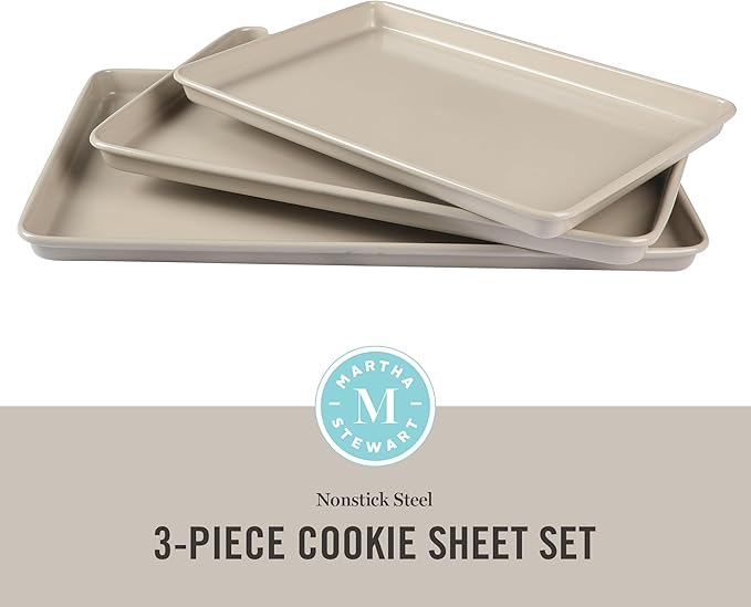 Martha Stewart Gallen 3-Piece Cookie Sheet Set ??13", 15", 17" Baking Pans, Ceramic Nonstick, PFA-Free, Carbon Steel ??Oven Safe to 450°F, Warp-Resistant, Easy to Clean - Taupe
