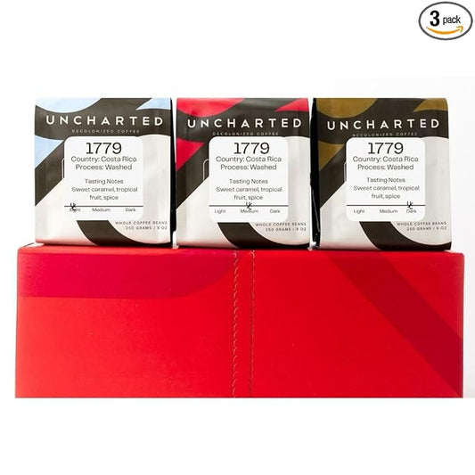 Single-Origin Organic Coffee Beans Gift Box, Light, Medium or Dark Roast Organic Whole Bean Coffee, 3 Pack Explorer, 1779 Costa Rica by Uncharted Coffee