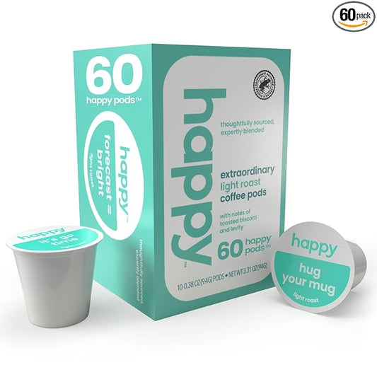 happy coffee light roast coffee pods, 60 count, notes of toasted biscotti and levity, compatible with most K-cup brewers, rainforest alliance certified