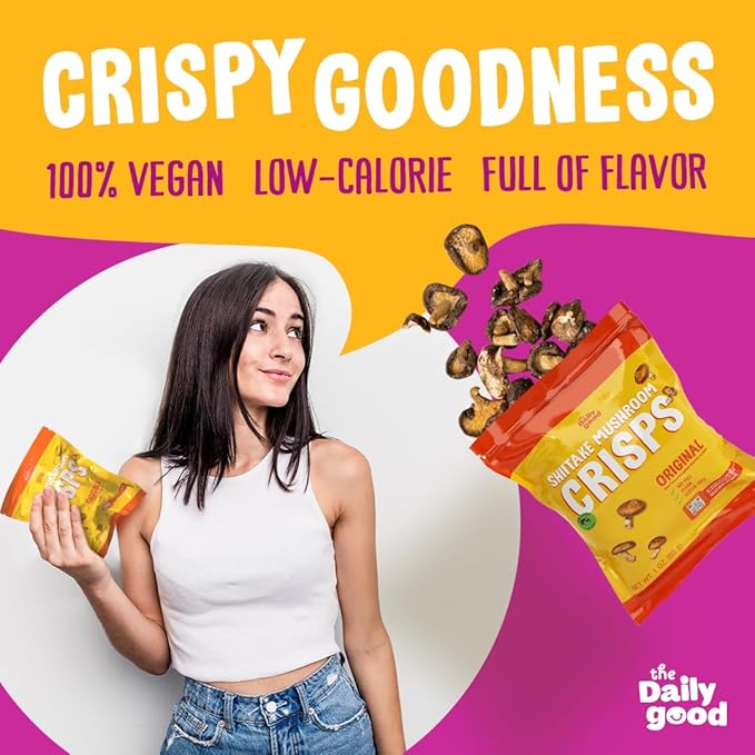 The Daily Good Shiitake Mushroom Crisps - 1-Pack Mushroom Chips, Yummy Dried Shiitake Mushrooms, Gluten-Free Mushroom Snack, Low-Temperature Vacuum Fried, Vegan Food, Mexican Chili, 0.2 lbs