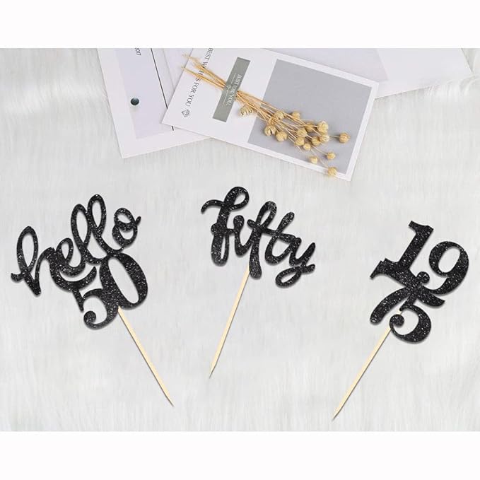 24 Pcs Black Glitter 50th Birthday Cupcake Toppers for 50th Birthday Celebrating Party Decorations