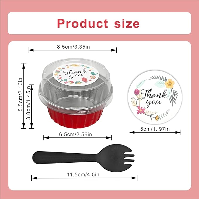100 Pcs Aluminum Foil Baking Cups with Lids,5oz cupcake liners with lids,Disposable Ramekins Mini Cake Containers Tin Mini Muffin Liners for Wedding Christmas Party (Red)