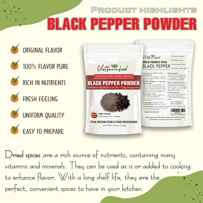 BLACK PEPPER POWDER 5.29 Oz (150g) VIETFARMFOOD: Natural pure, convection dried seasoning made from real vegetables - perfect for adding flavor to any meal, from cooking, baking, salads, soups, sauces