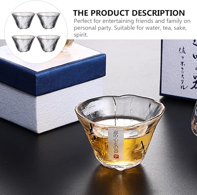 UPKOCH 4pcs Japanese-Style Sake Saki Cup Set, 2 Oz Glass Sake Cups Set，Clear Glasses Universal Drinking bottle for Cold and Hot, Tea, and Other Beverages, Ideal for Home and Restaurant Use