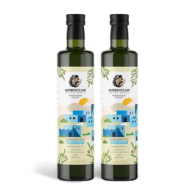 MOROCCAN OLIVE GROVE - The Blue Olive Oil, Bright & Fruity Desert Olive Oil Extra Virgin, Versatile Cooking Essential, Single-Origin Extra Virgin Olive Oil Cold Pressed, 2-Pack, 500 ml per Bottle