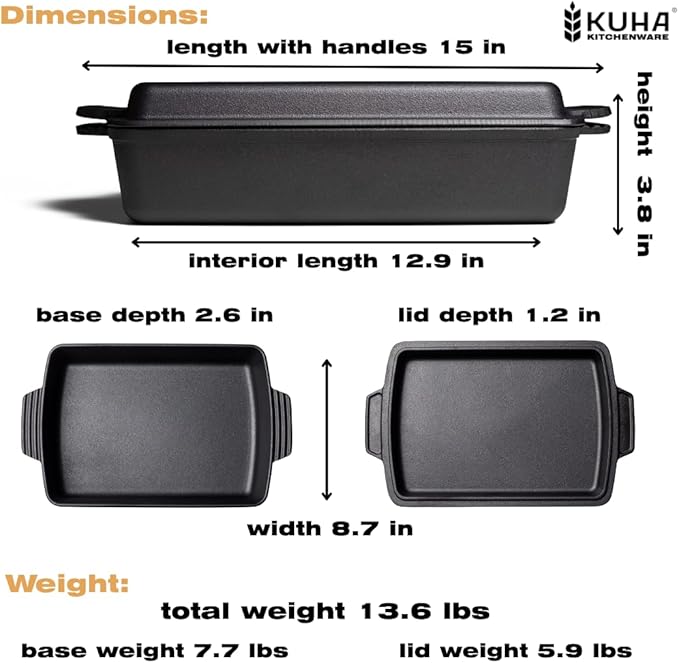 Kuha 2-in-1 Square Cast Iron Dutch Oven, 6 QT ??Skillet Lid & Casserole Dish, Pre-Seasoned 13?? Baking/Roasting Pan, Oven-Grill-Campfire Safe, Comes with Chainmail Scrubber