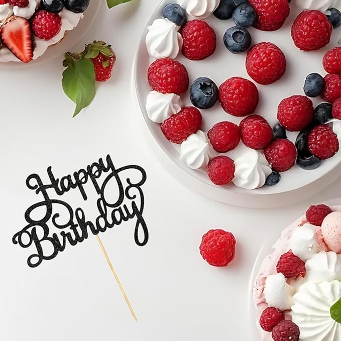 1 PCS Happy Birthday Cake Topper Glitter Black Happy Birthday Decorations for Celebrating Anniversary Party Cake Decorations